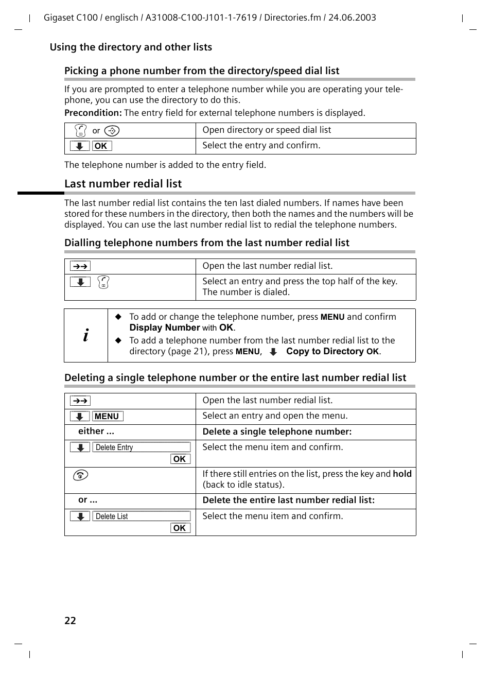 Last number redial list | Siemens Gigaset C100 DECT User Manual | Page 23 / 87