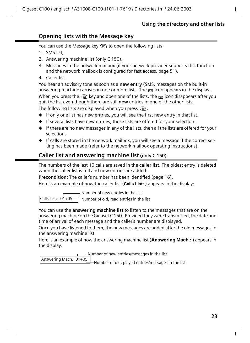 Opening lists with the message key, Caller list and answering machine list | Siemens Gigaset C100 DECT User Manual | Page 24 / 87