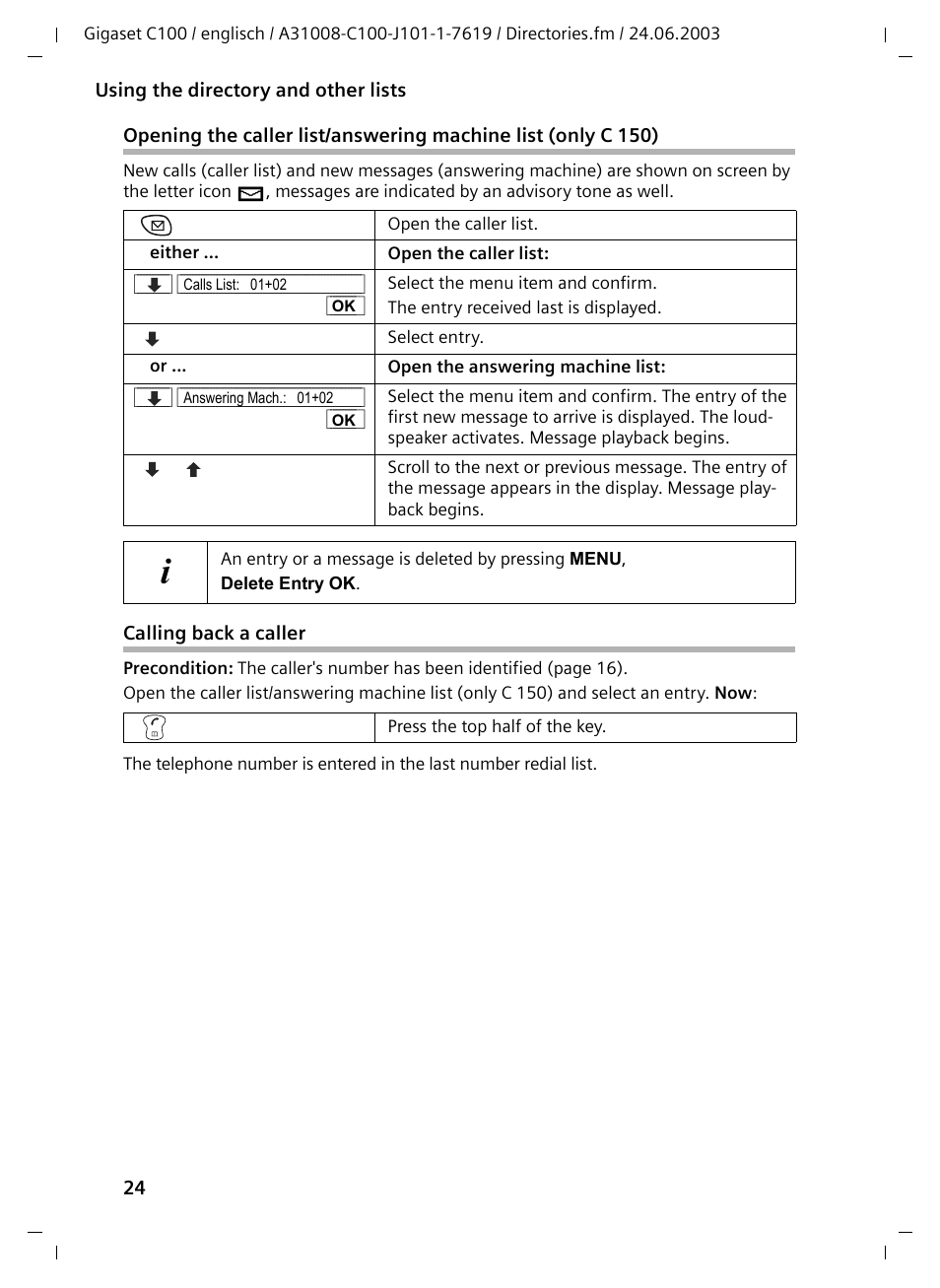 Calling back a caller | Siemens Gigaset C100 DECT User Manual | Page 25 / 87