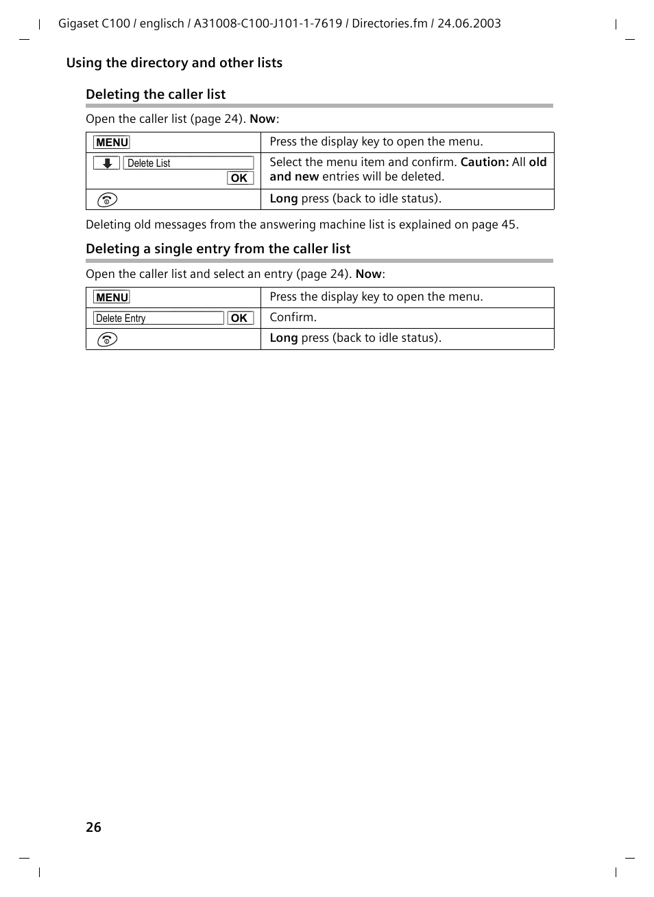 Deleting the caller list, Deleting a single entry from the caller list | Siemens Gigaset C100 DECT User Manual | Page 27 / 87