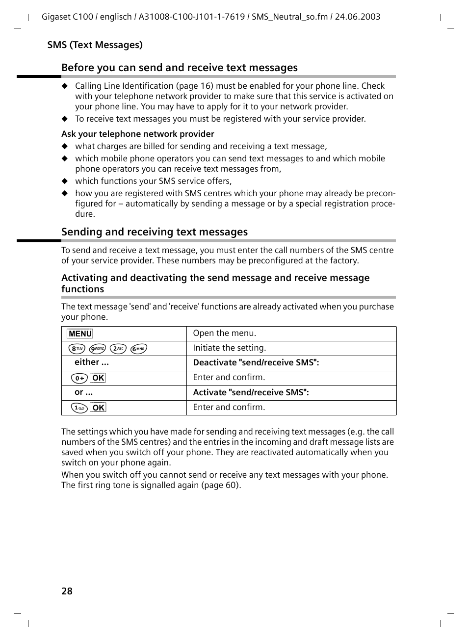 Before you can send and receive text messages, Sending and receiving text messages | Siemens Gigaset C100 DECT User Manual | Page 29 / 87