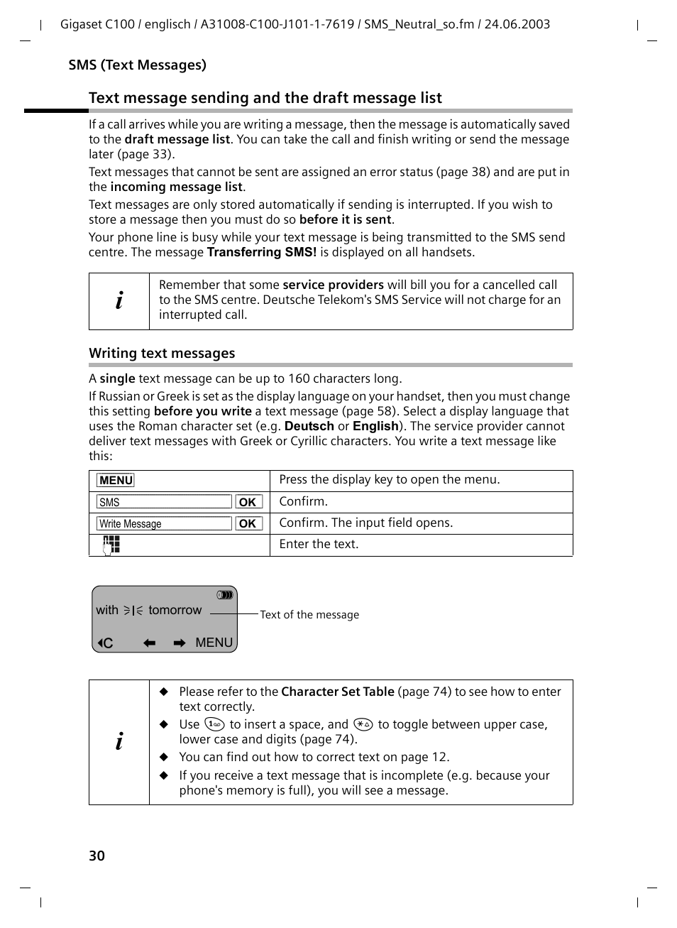 Text message sending and the draft message list, Writing text messages | Siemens Gigaset C100 DECT User Manual | Page 31 / 87