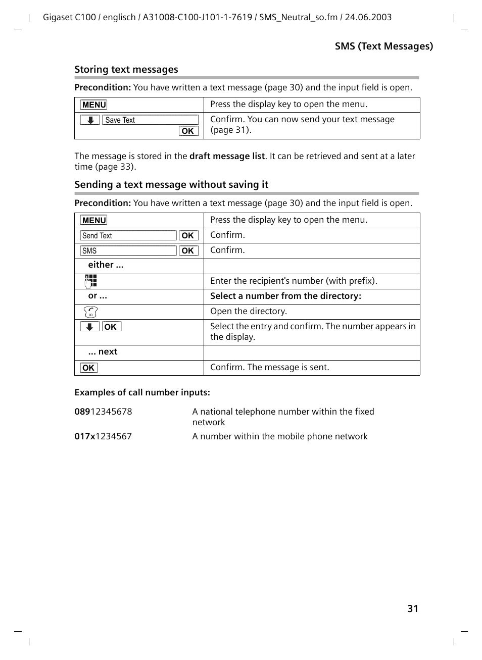 Storing text messages, Sending a text message without saving it | Siemens Gigaset C100 DECT User Manual | Page 32 / 87