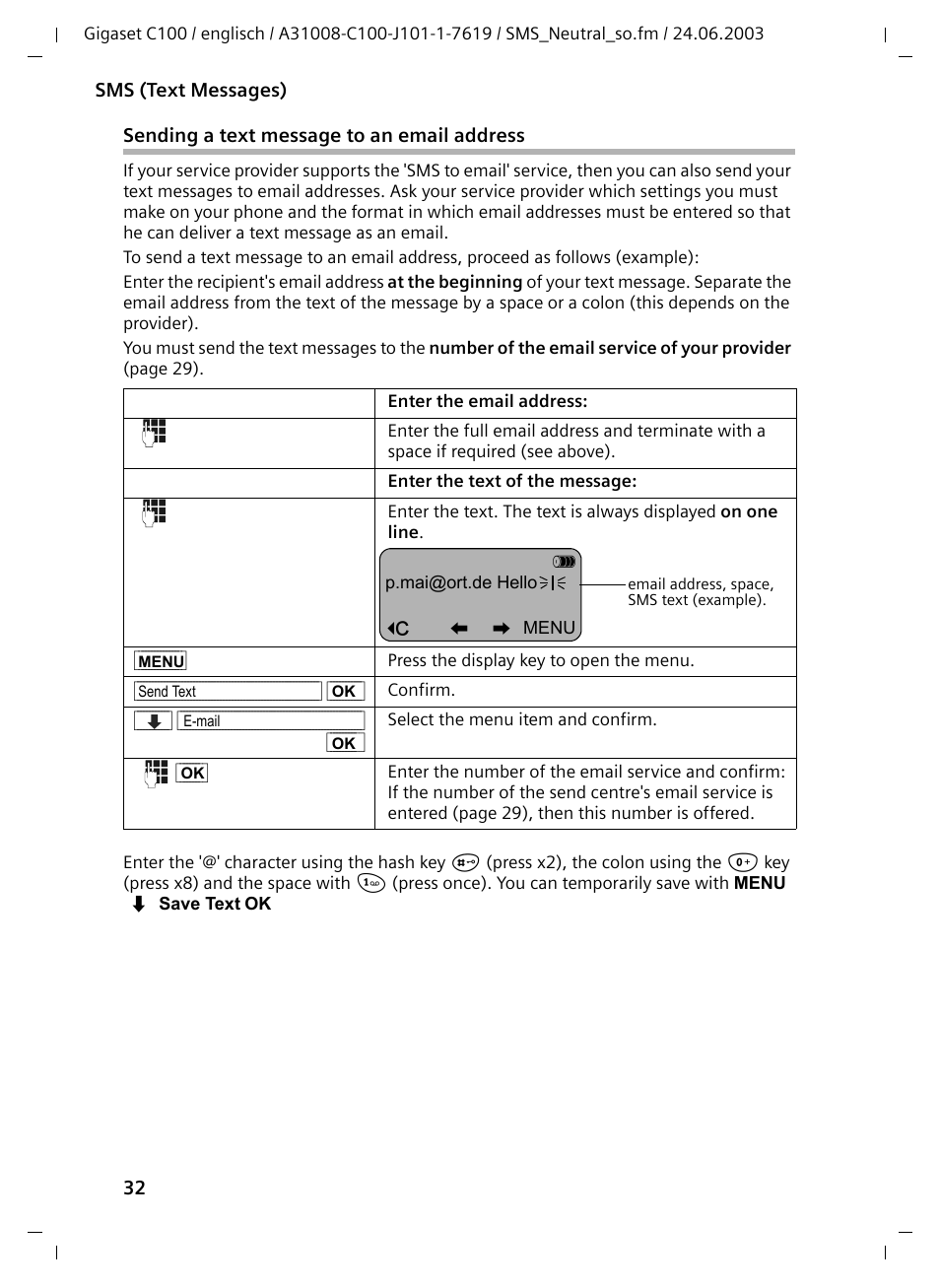 Sending a text message to an email address | Siemens Gigaset C100 DECT User Manual | Page 33 / 87