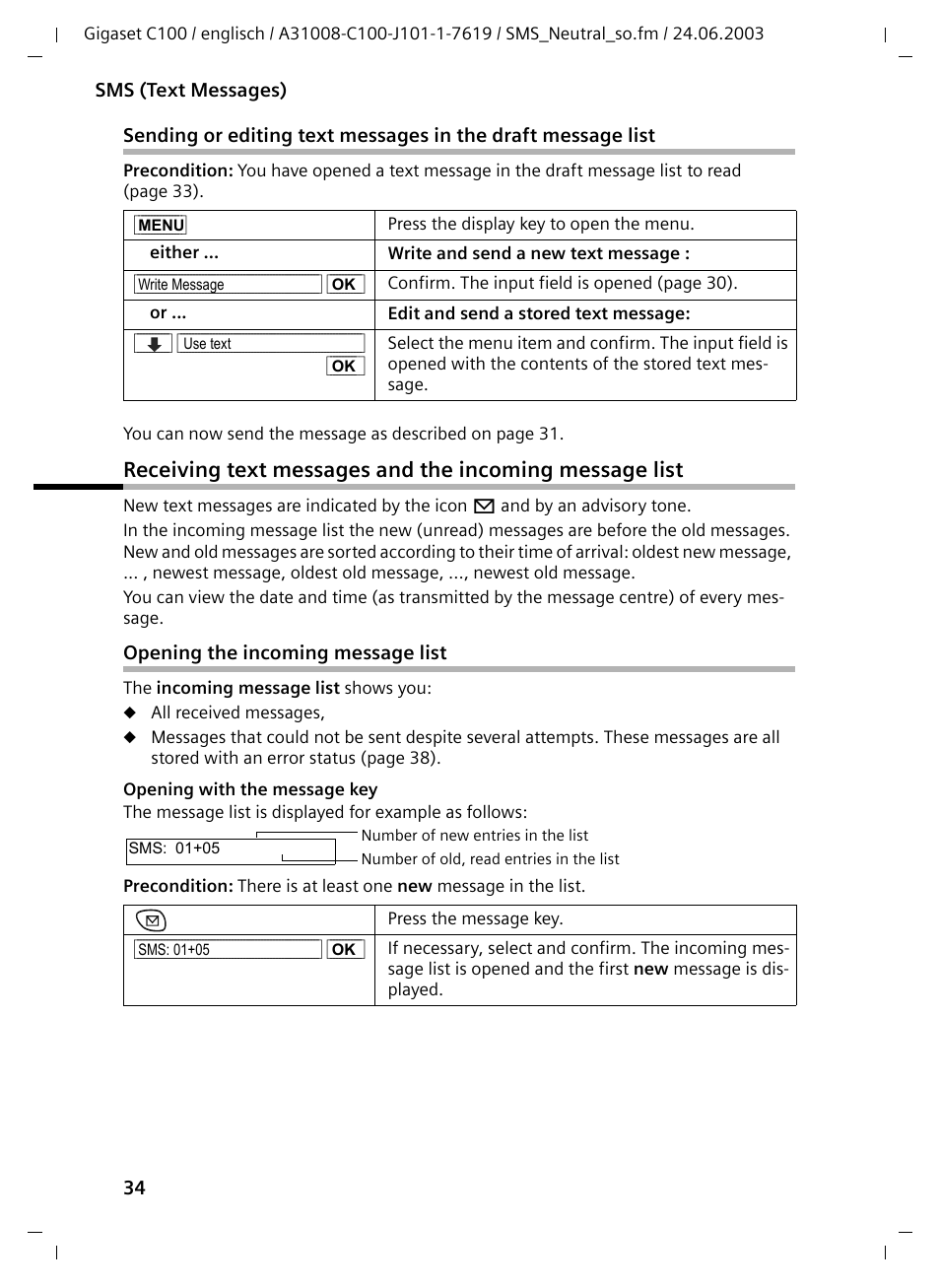 Opening the incoming message list | Siemens Gigaset C100 DECT User Manual | Page 35 / 87