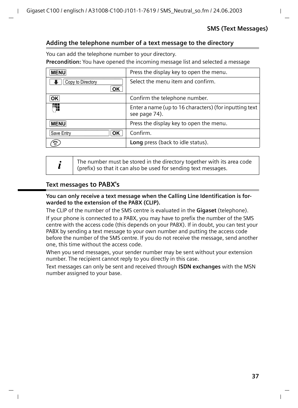 Text messages to pabx's | Siemens Gigaset C100 DECT User Manual | Page 38 / 87