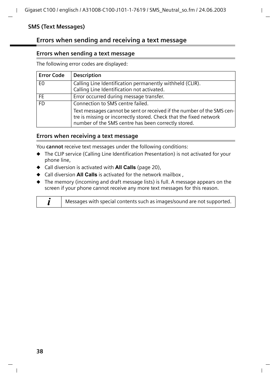 Errors when sending and receiving a text message, Errors when sending a text message, Errors when receiving a text message | Siemens Gigaset C100 DECT User Manual | Page 39 / 87