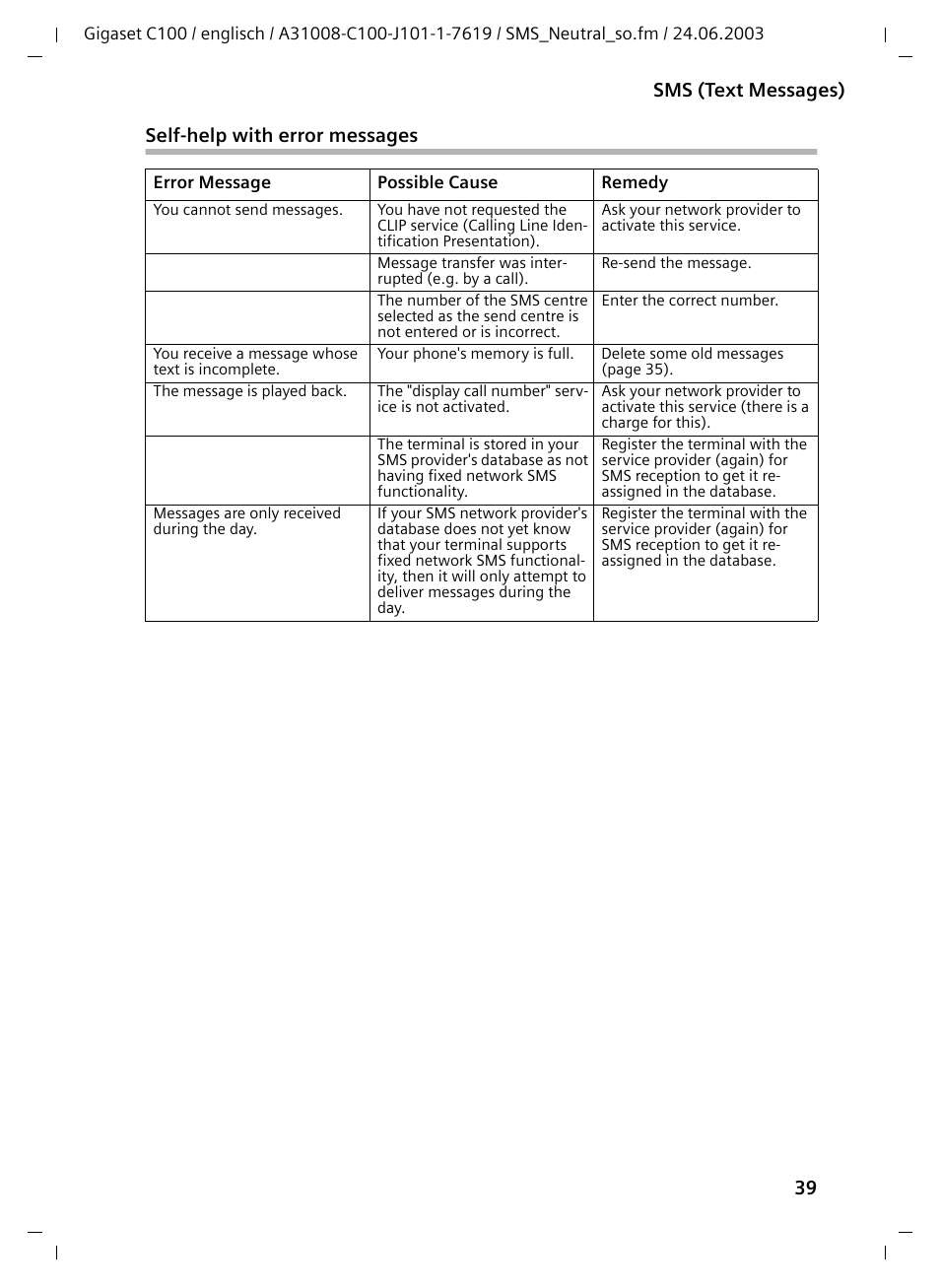 Self-help with error messages, 39 sms (text messages) | Siemens Gigaset C100 DECT User Manual | Page 40 / 87