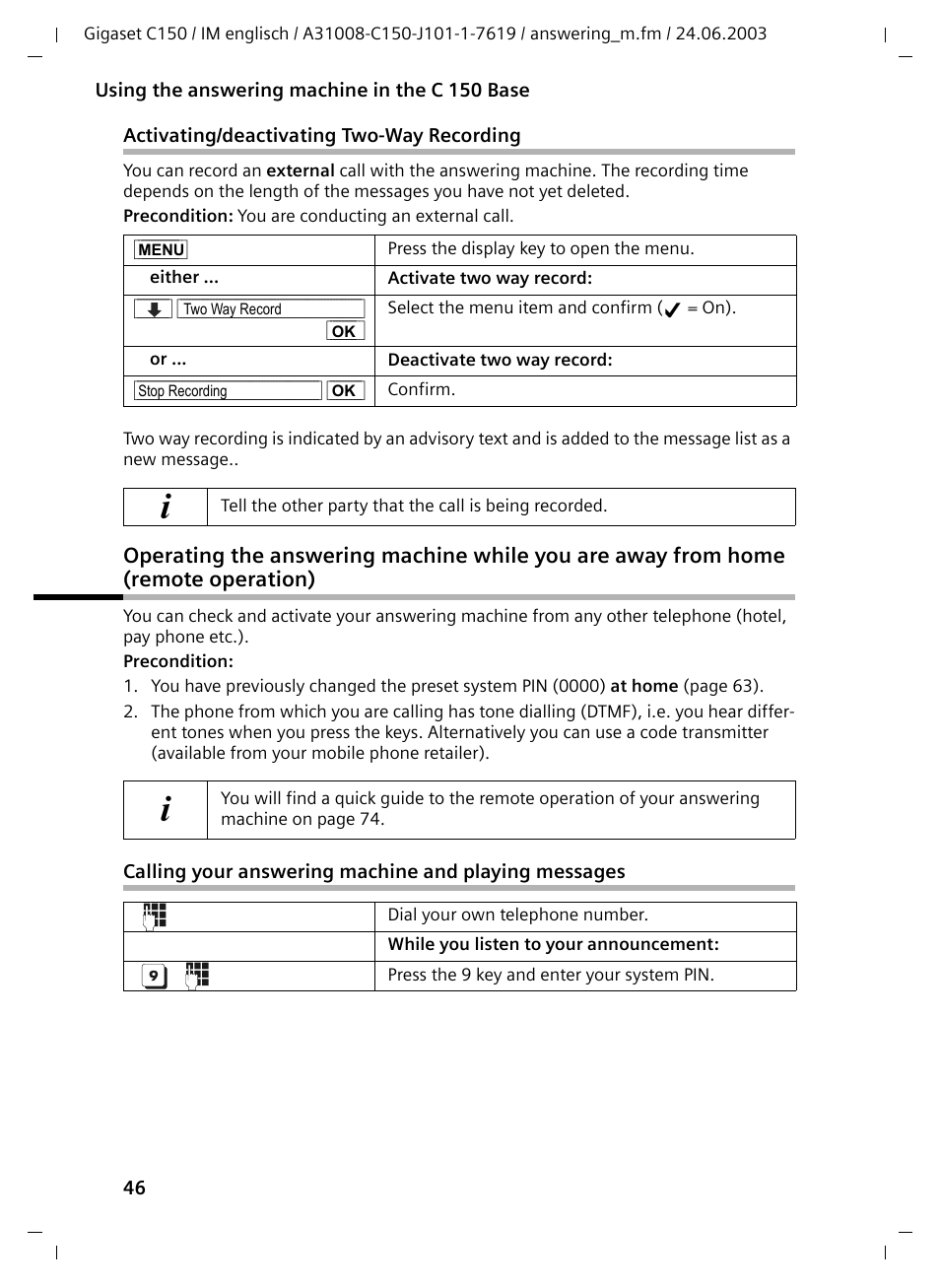 Activating/deactivating two-way recording | Siemens Gigaset C100 DECT User Manual | Page 47 / 87