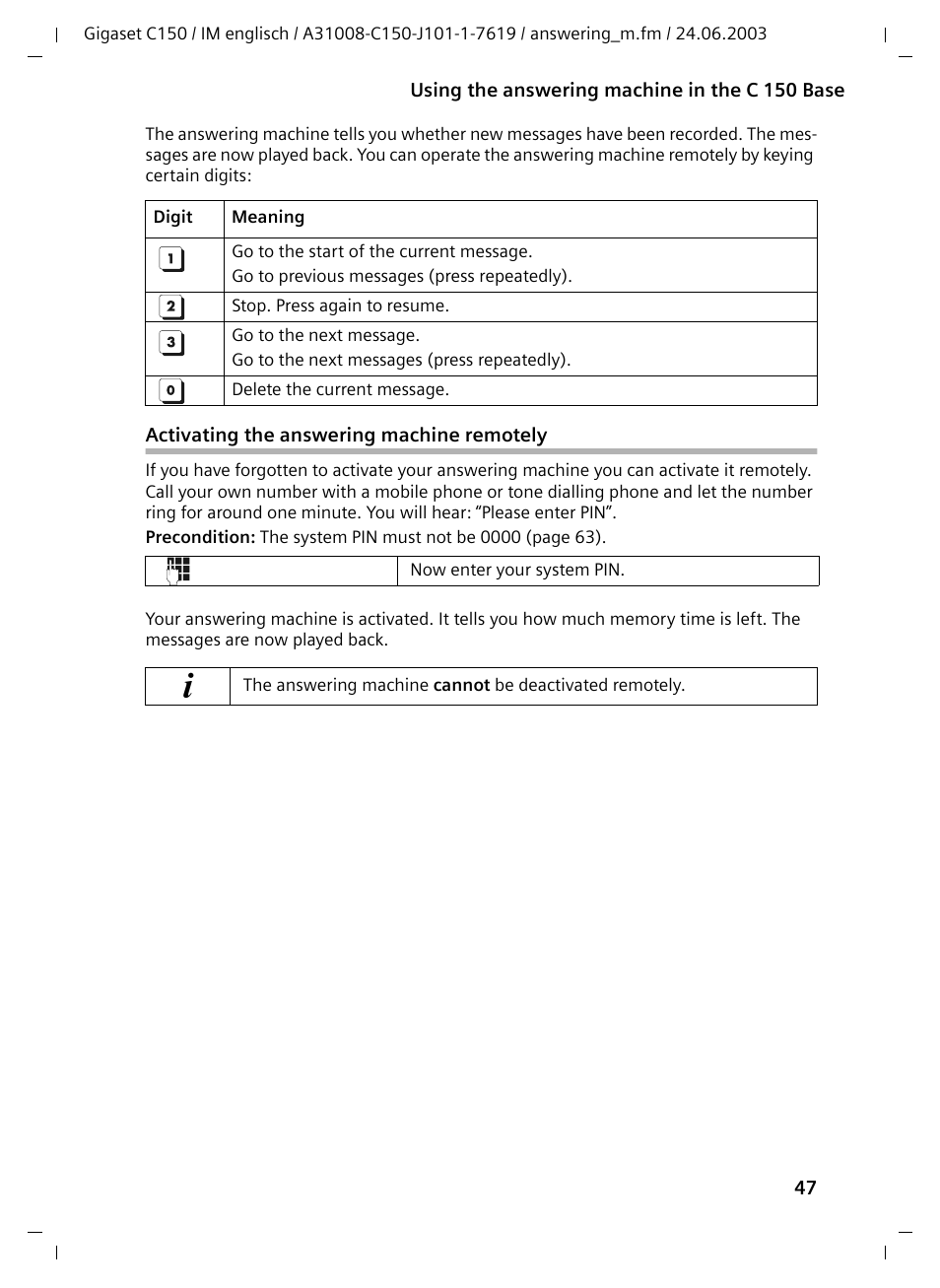 Activating the answering machine remotely | Siemens Gigaset C100 DECT User Manual | Page 48 / 87