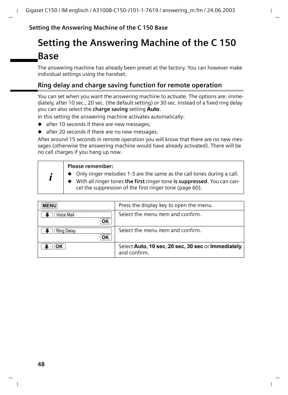 Setting the answering machine of the c 150 base | Siemens Gigaset C100 DECT User Manual | Page 49 / 87