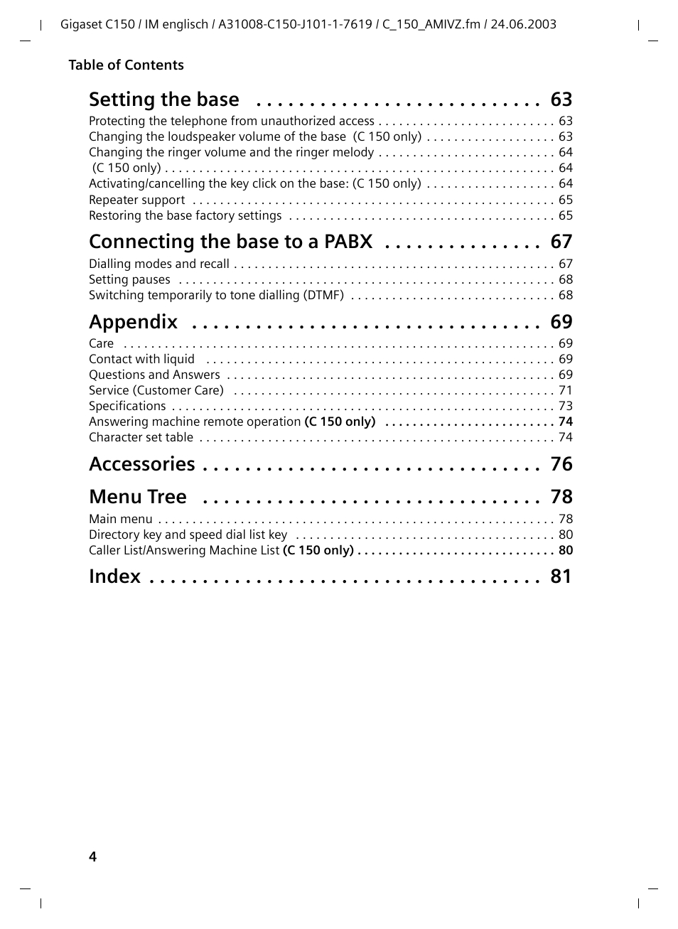 Setting the base, Connecting the base to a pabx, Appendix | Accessories menu tree, Index | Siemens Gigaset C100 DECT User Manual | Page 5 / 87