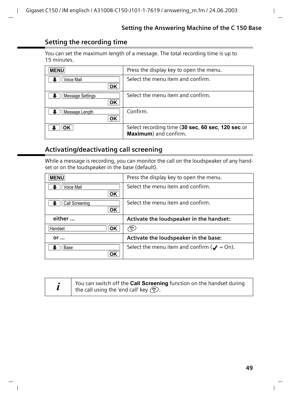 Setting the recording time, Activating/deactivating call screening | Siemens Gigaset C100 DECT User Manual | Page 50 / 87