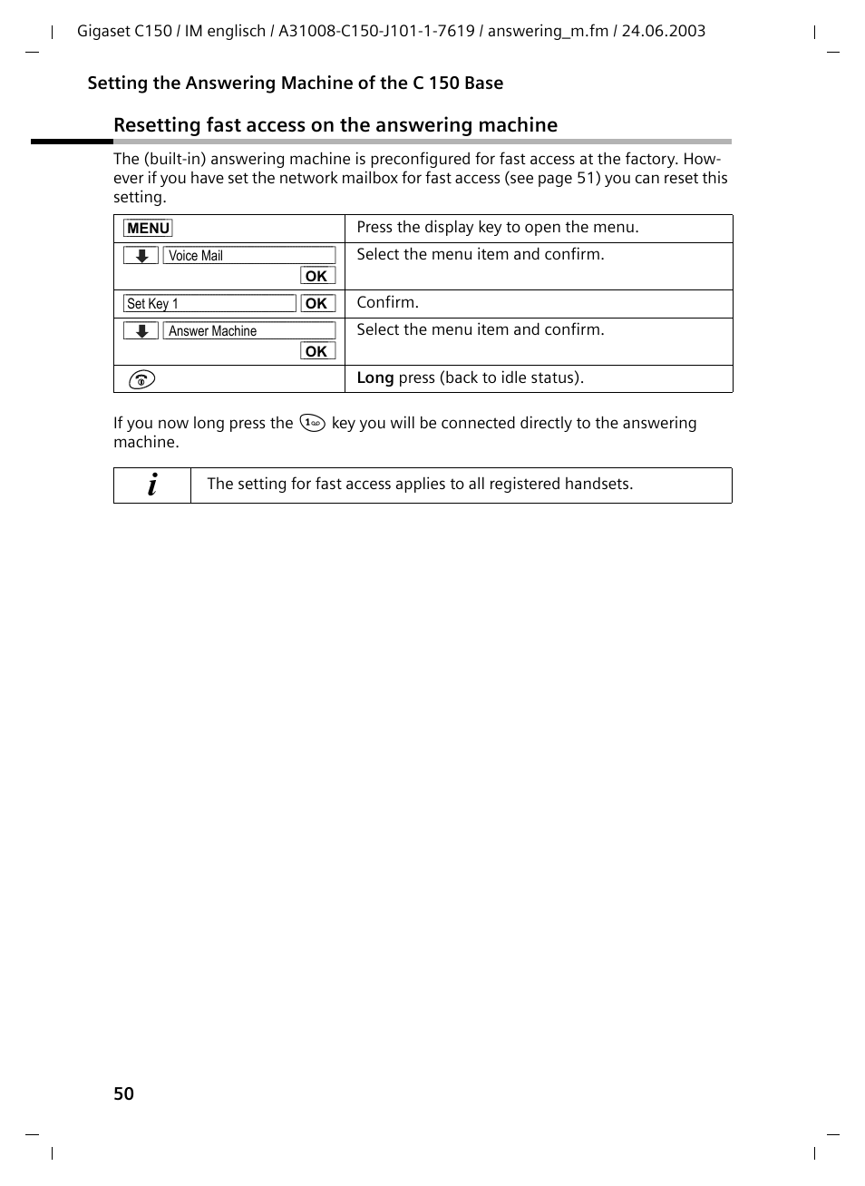 Resetting fast access on the answering machine | Siemens Gigaset C100 DECT User Manual | Page 51 / 87