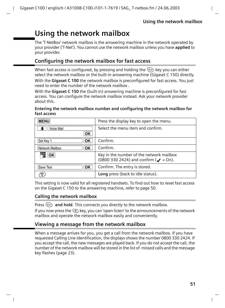 Using the network mailbox, Configuring the network mailbox for fast access, Calling the network mailbox | Viewing a message from the network mailbox | Siemens Gigaset C100 DECT User Manual | Page 52 / 87