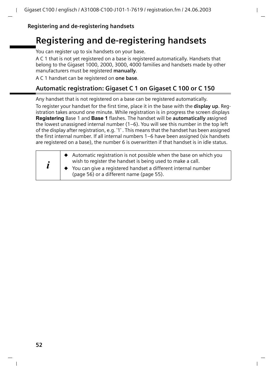 Registering and de-registering handsets | Siemens Gigaset C100 DECT User Manual | Page 53 / 87