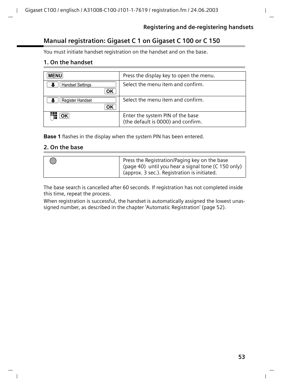 On the handset, On the base | Siemens Gigaset C100 DECT User Manual | Page 54 / 87