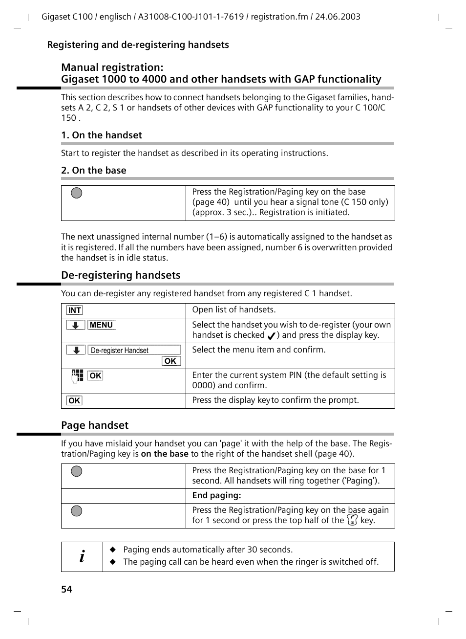 On the handset, On the base, De-registering handsets | Page handset | Siemens Gigaset C100 DECT User Manual | Page 55 / 87