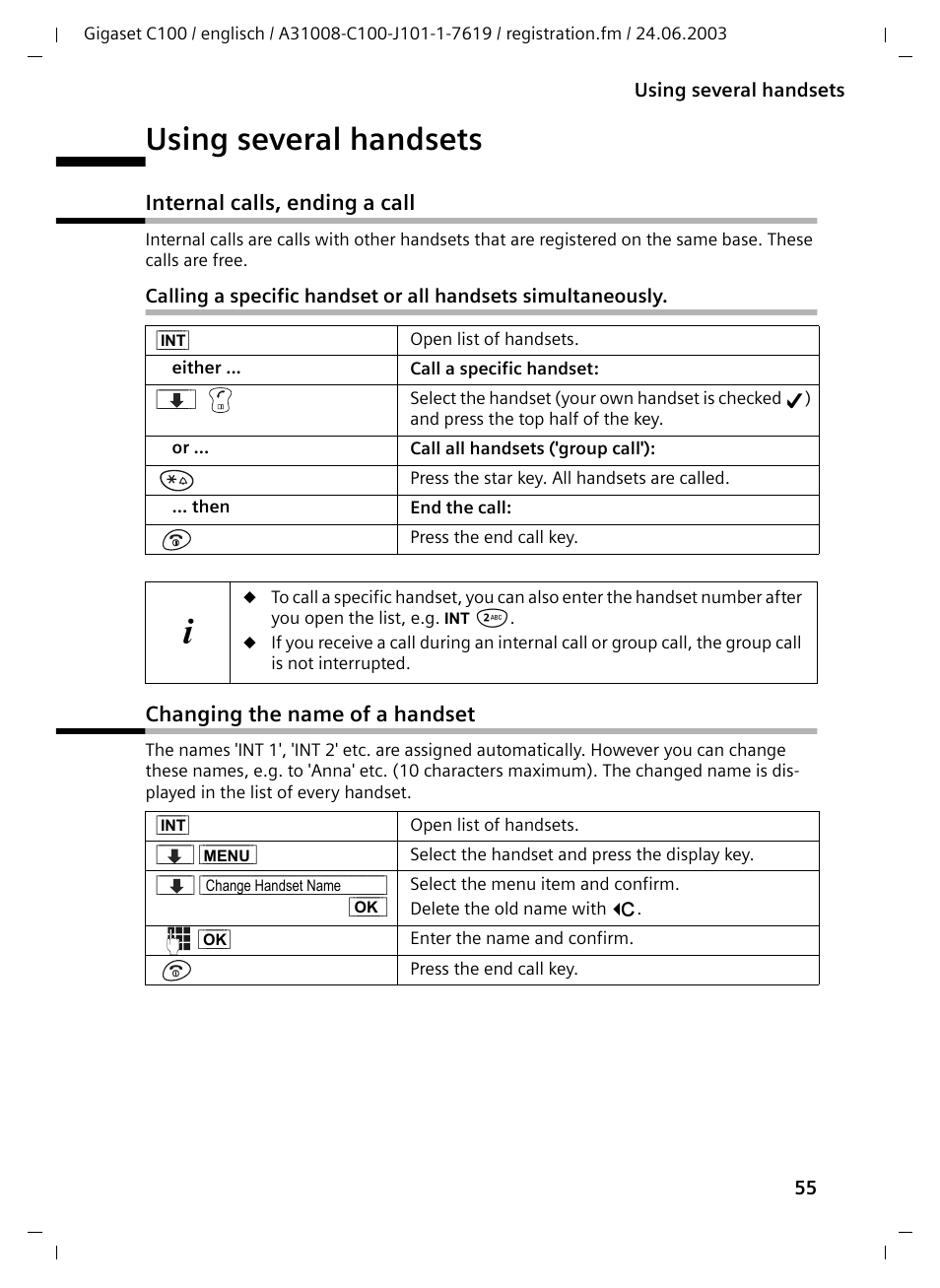 Using several handsets, Internal calls, ending a call, Changing the name of a handset | Siemens Gigaset C100 DECT User Manual | Page 56 / 87