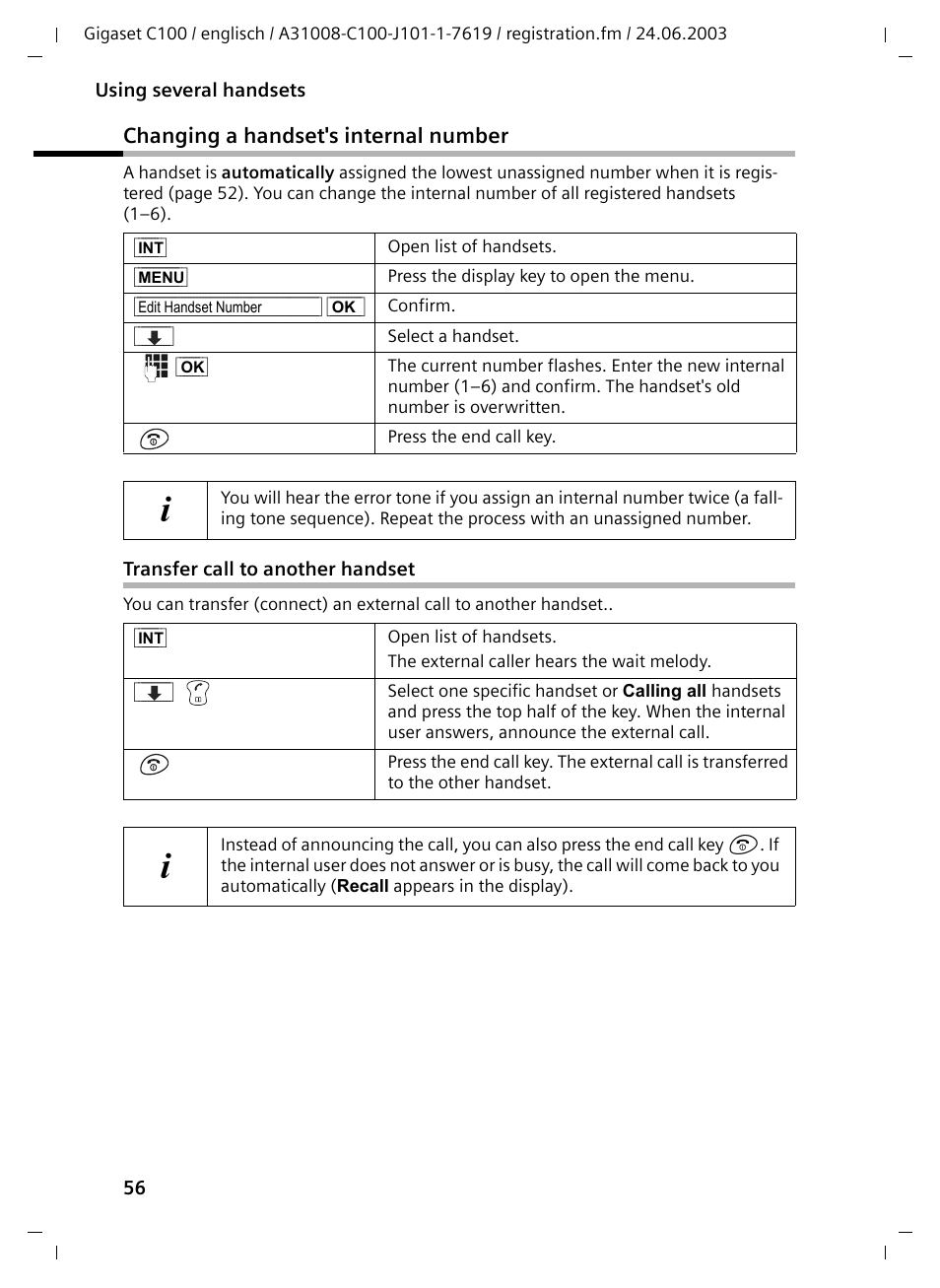 Changing a handset's internal number, Transfer call to another handset | Siemens Gigaset C100 DECT User Manual | Page 57 / 87