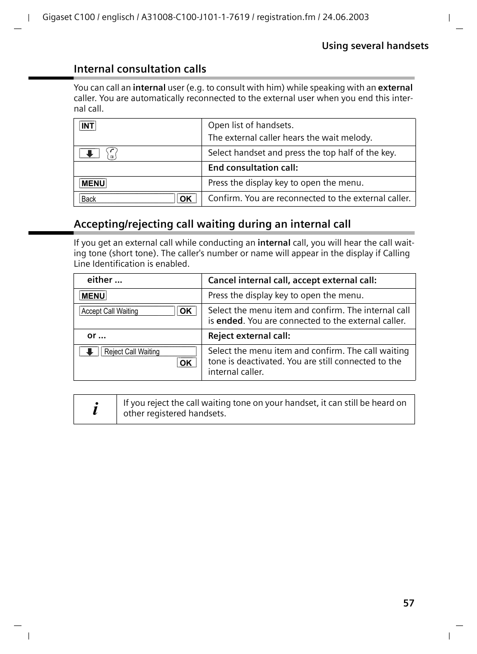 Internal consultation calls | Siemens Gigaset C100 DECT User Manual | Page 58 / 87