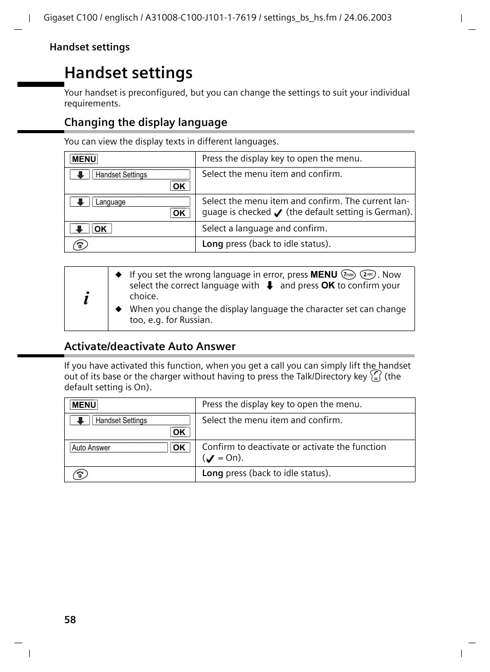 Handset settings, Changing the display language, Activate/deactivate auto answer | Siemens Gigaset C100 DECT User Manual | Page 59 / 87