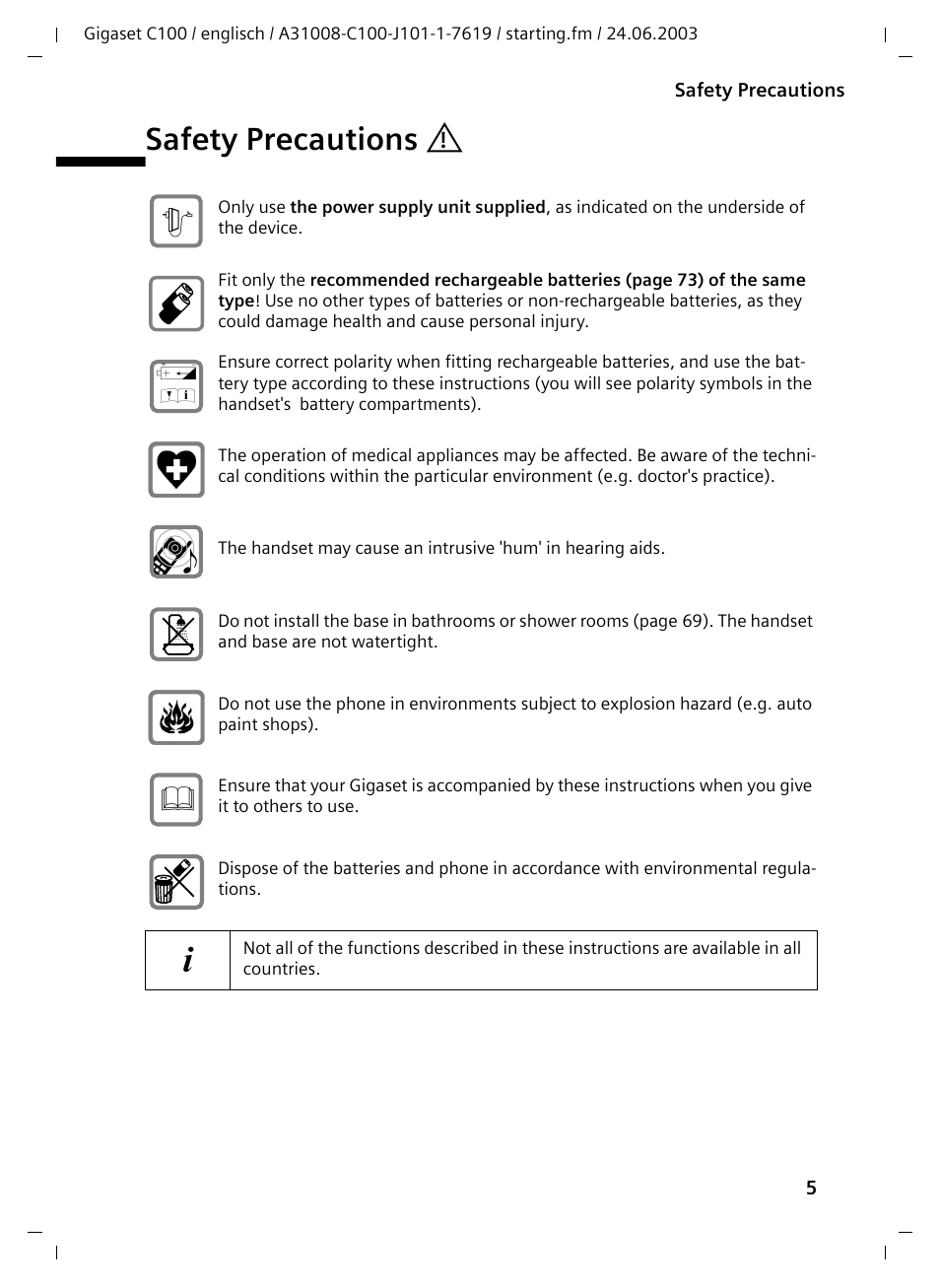 Safety precautions | Siemens Gigaset C100 DECT User Manual | Page 6 / 87