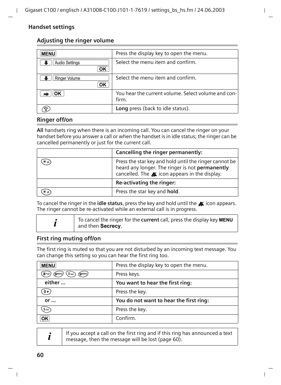 Adjusting the ringer volume, Ringer off/on, First ring muting off/on | Siemens Gigaset C100 DECT User Manual | Page 61 / 87