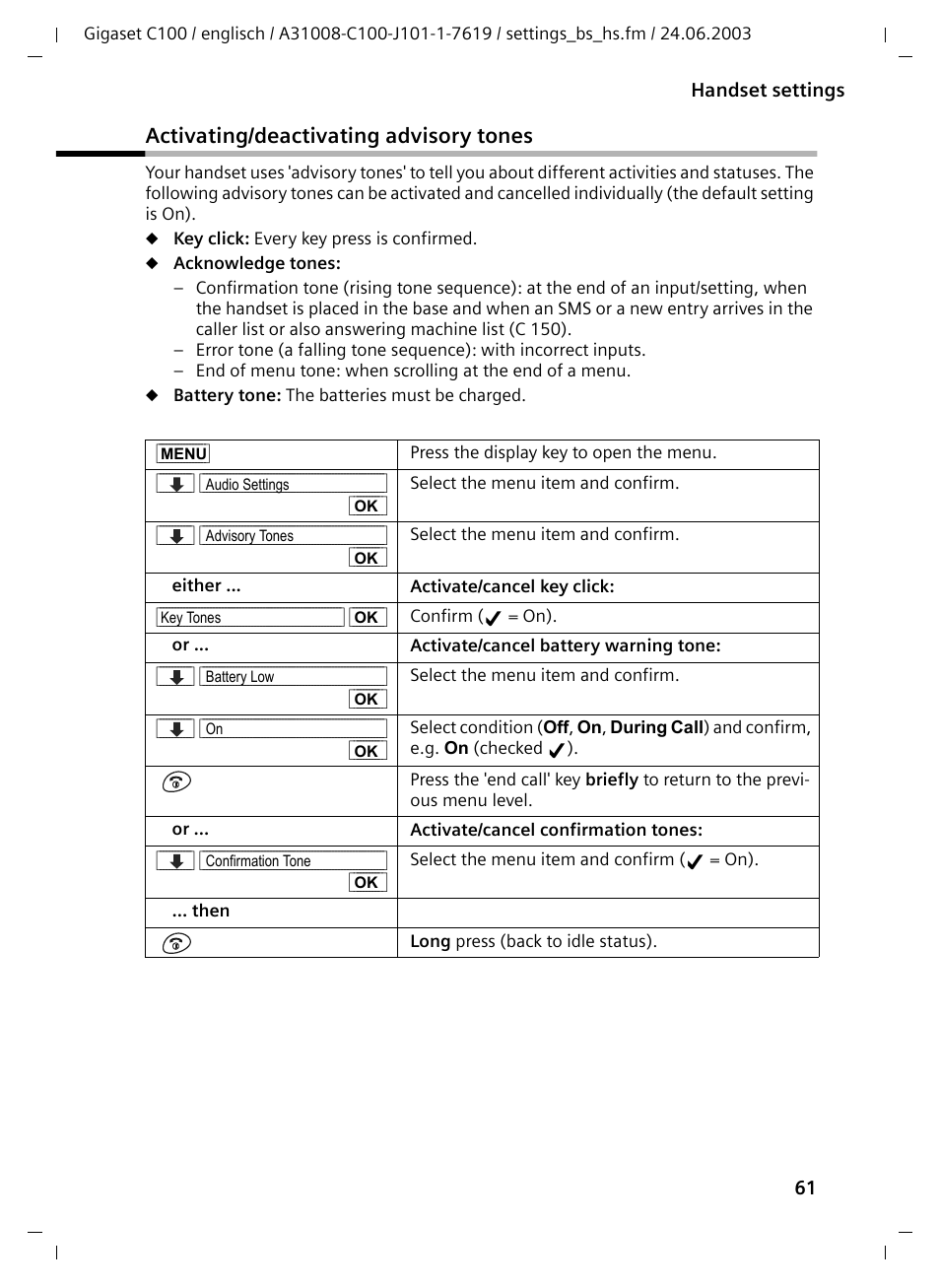 Activating/deactivating advisory tones | Siemens Gigaset C100 DECT User Manual | Page 62 / 87