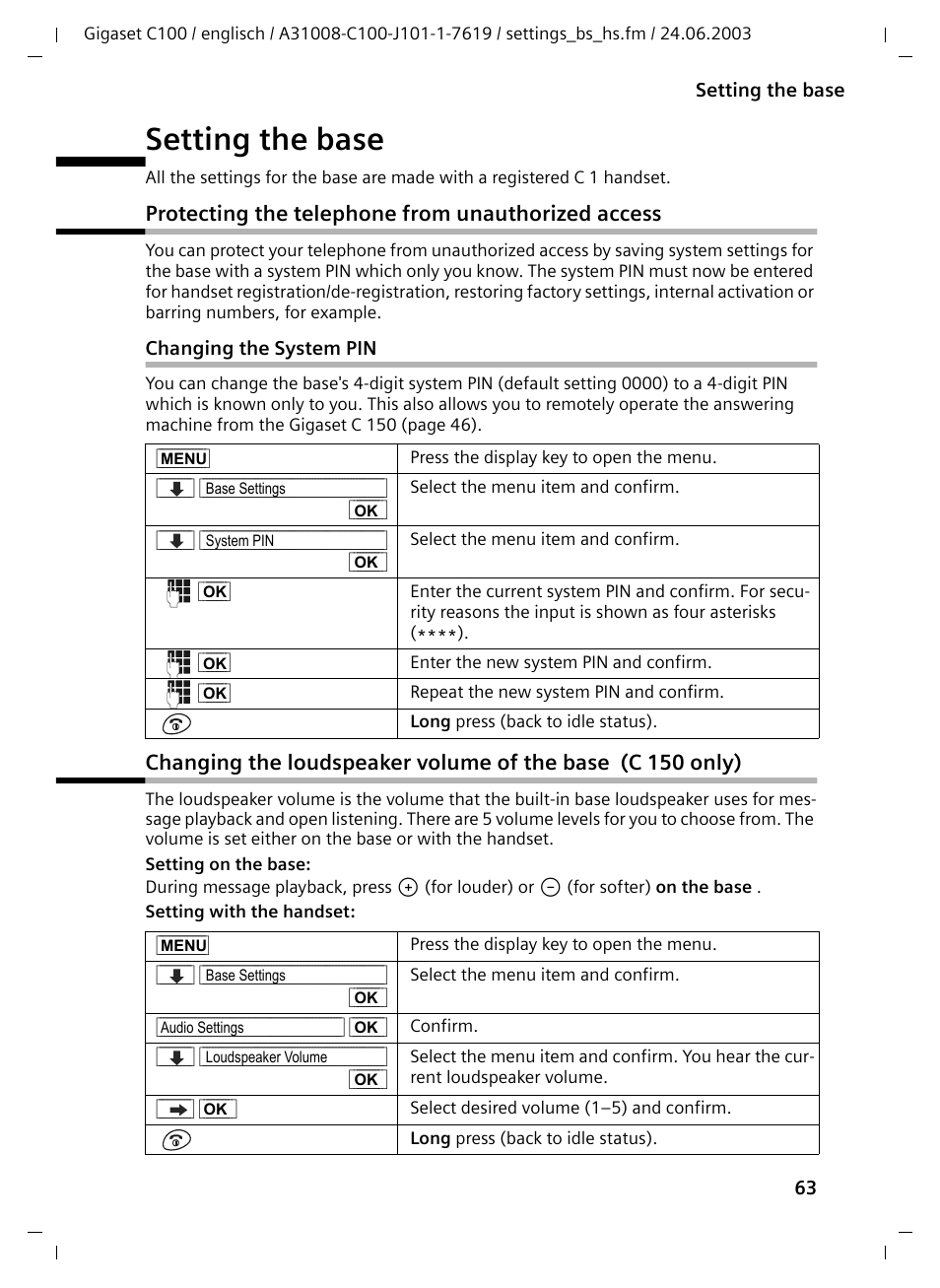 Setting the base, Protecting the telephone from unauthorized access, Changing the system pin | Siemens Gigaset C100 DECT User Manual | Page 64 / 87