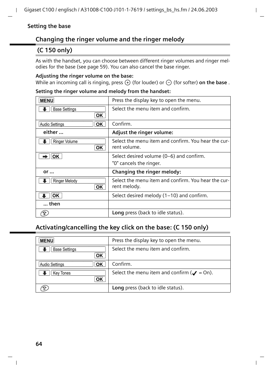 Changing the ringer volume and the ringer melody, C150only) | Siemens Gigaset C100 DECT User Manual | Page 65 / 87