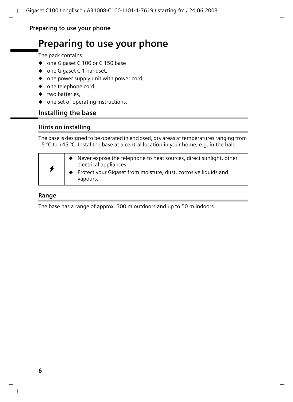 Preparing to use your phone, Installing the base, Hints on installing | Range | Siemens Gigaset C100 DECT User Manual | Page 7 / 87