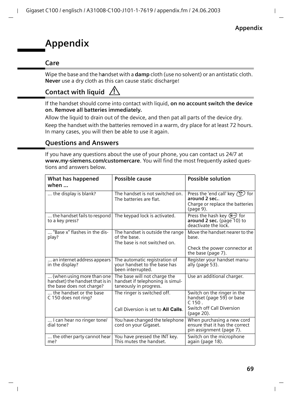 Appendix, Care, Contact with liquid | Questions and answers, Care contact with liquid questions and answers, 69 appendix | Siemens Gigaset C100 DECT User Manual | Page 70 / 87
