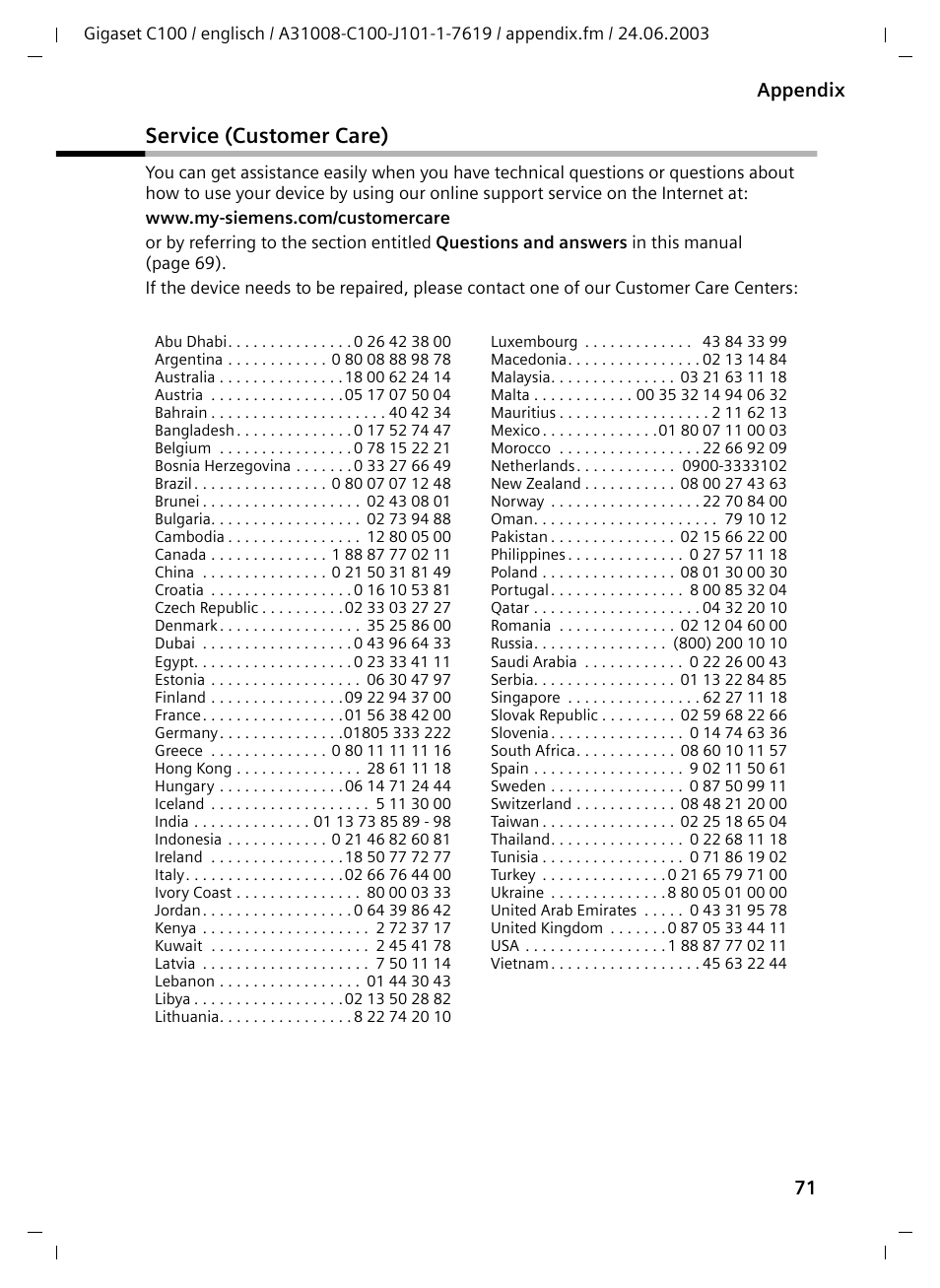 Service (customer care), 71 appendix | Siemens Gigaset C100 DECT User Manual | Page 72 / 87