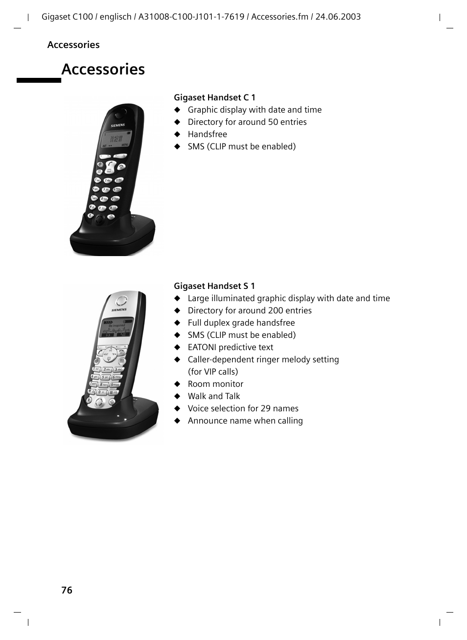 Accessories | Siemens Gigaset C100 DECT User Manual | Page 77 / 87