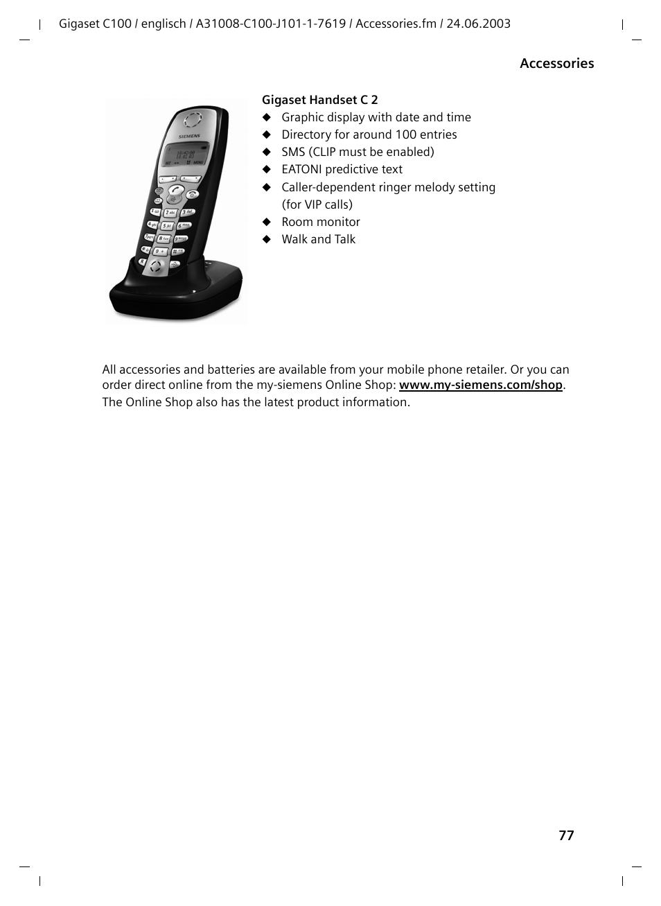 Siemens Gigaset C100 DECT User Manual | Page 78 / 87