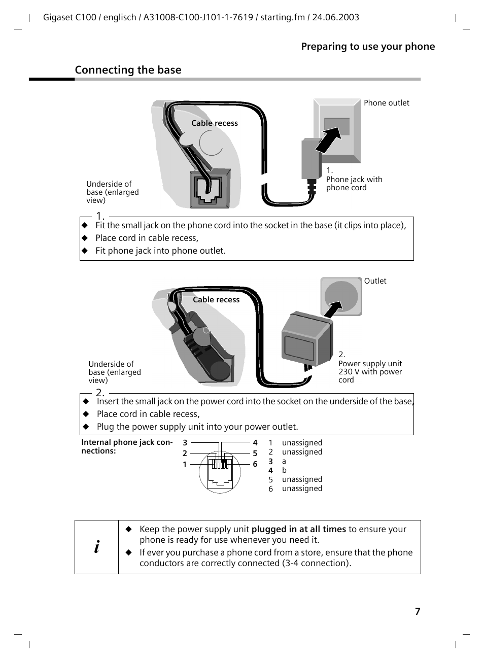 Connecting the base, 7preparing to use your phone | Siemens Gigaset C100 DECT User Manual | Page 8 / 87