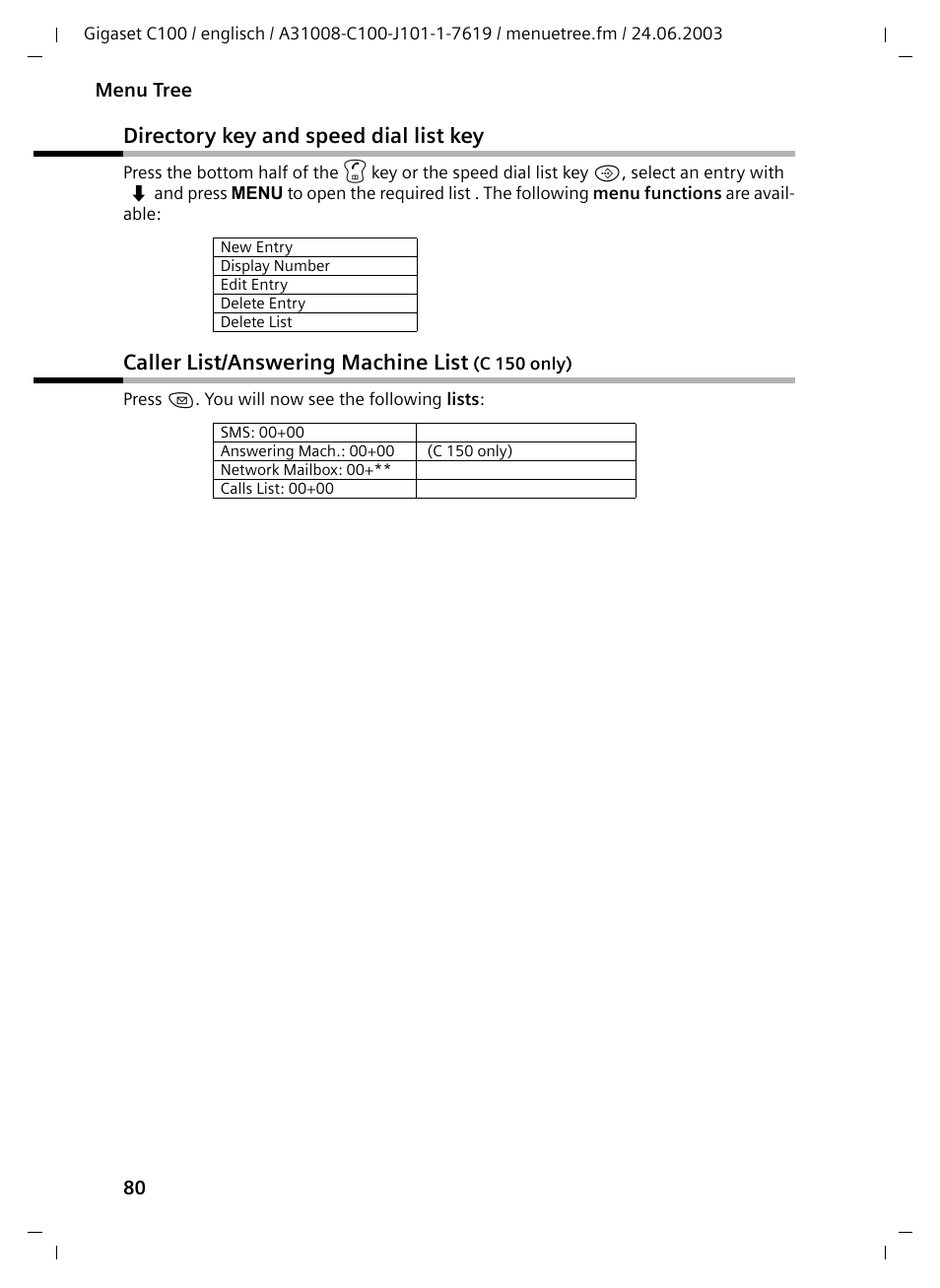 Directory key and speed dial list key, Caller list/answering machine list (c150only), Caller list/answering machine list | Siemens Gigaset C100 DECT User Manual | Page 81 / 87