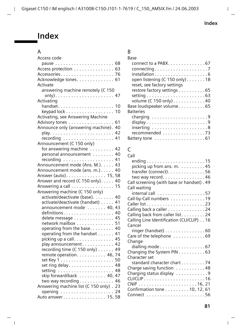 Index | Siemens Gigaset C100 DECT User Manual | Page 82 / 87