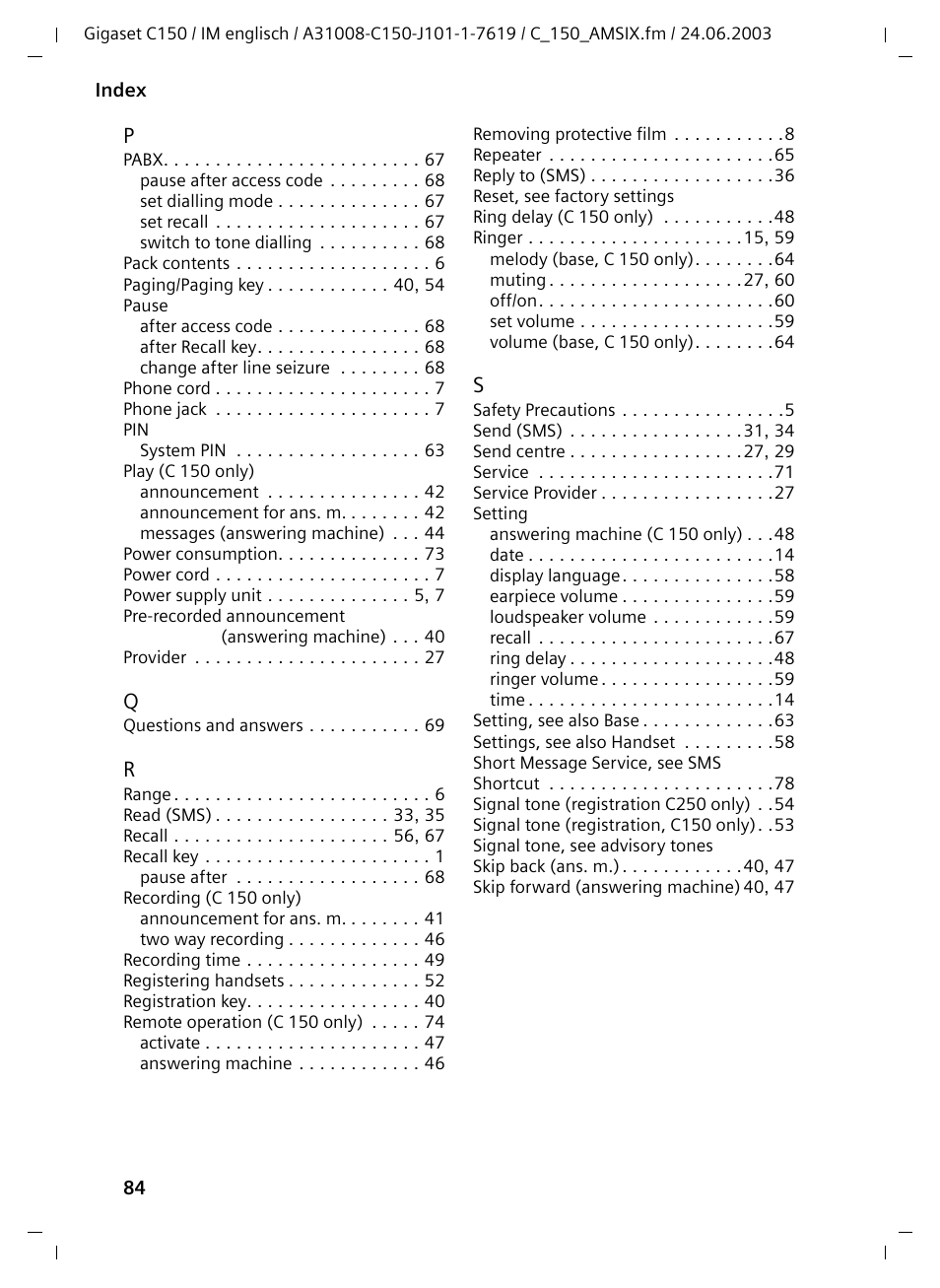 Siemens Gigaset C100 DECT User Manual | Page 85 / 87