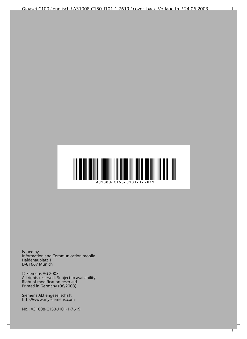 Siemens Gigaset C100 DECT User Manual | Page 87 / 87