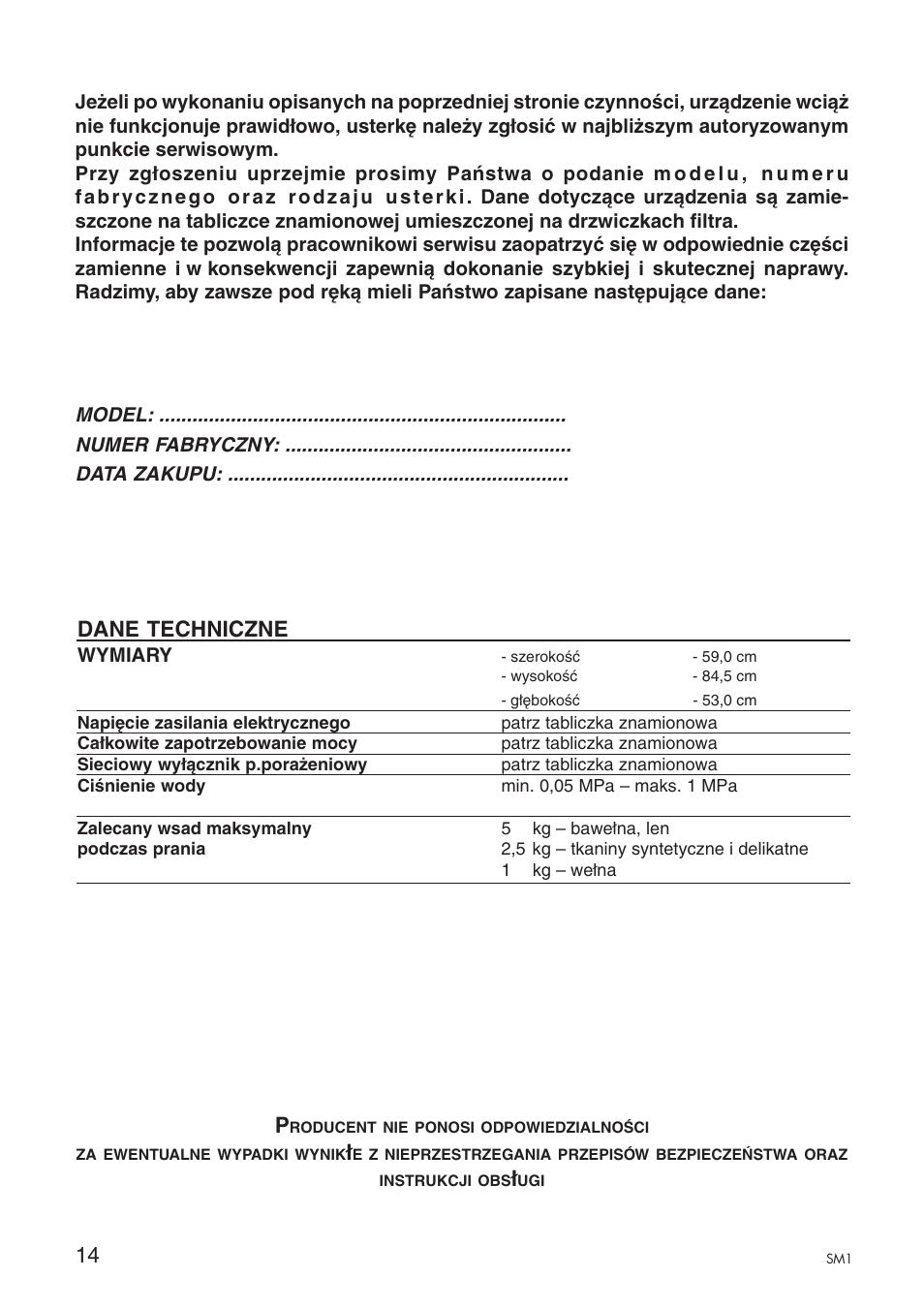 Dane techniczne | Ardo A1000X User Manual | Page 16 / 88