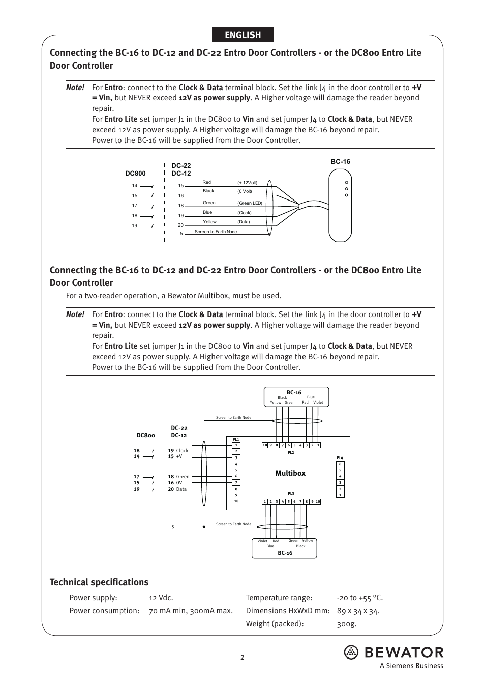 English, Technical specifications, Multibox | Siemens BC-16 User Manual | Page 2 / 2