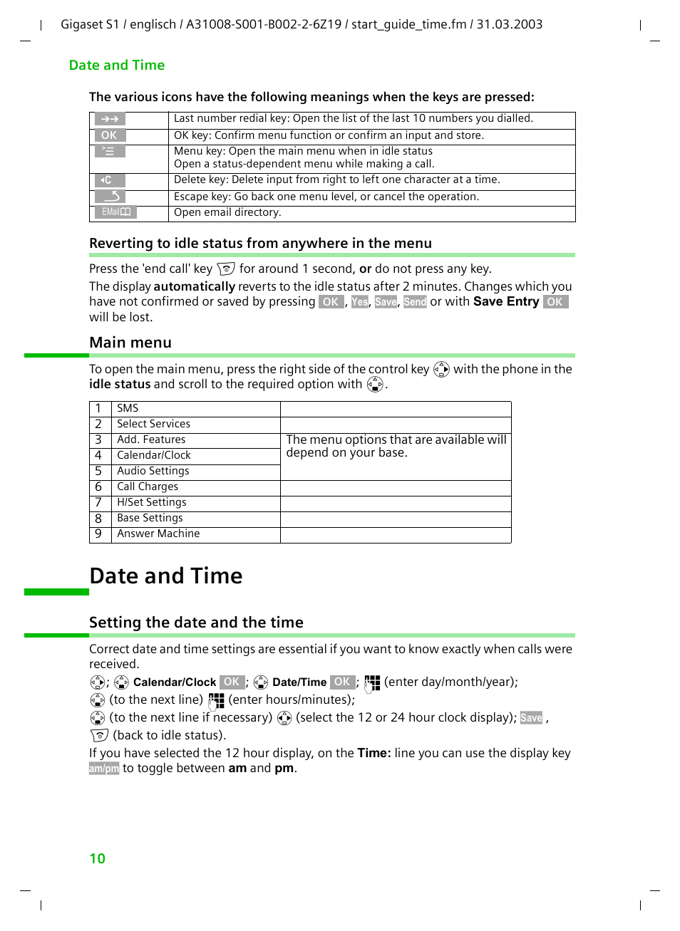 Reverting to idle status from anywhere in the menu, Main menu, Date and time | Setting the date and the time | Siemens Gigaset S1 User Manual | Page 10 / 32