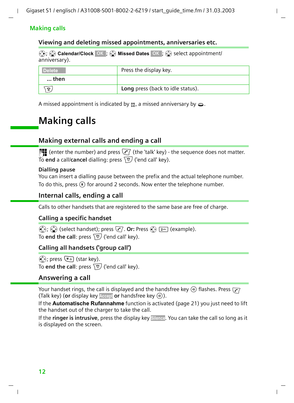 Making calls, Making external calls and ending a call, Internal calls, ending a call | Calling a specific handset, Calling all handsets ('group call'), Answering a call | Siemens Gigaset S1 User Manual | Page 12 / 32