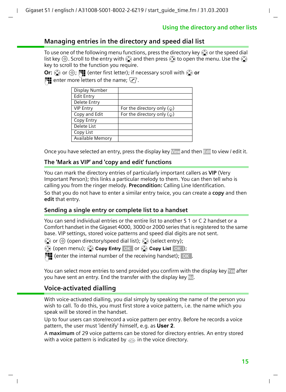 The 'mark as vip' and 'copy and edit' functions, Voice-activated dialling | Siemens Gigaset S1 User Manual | Page 15 / 32