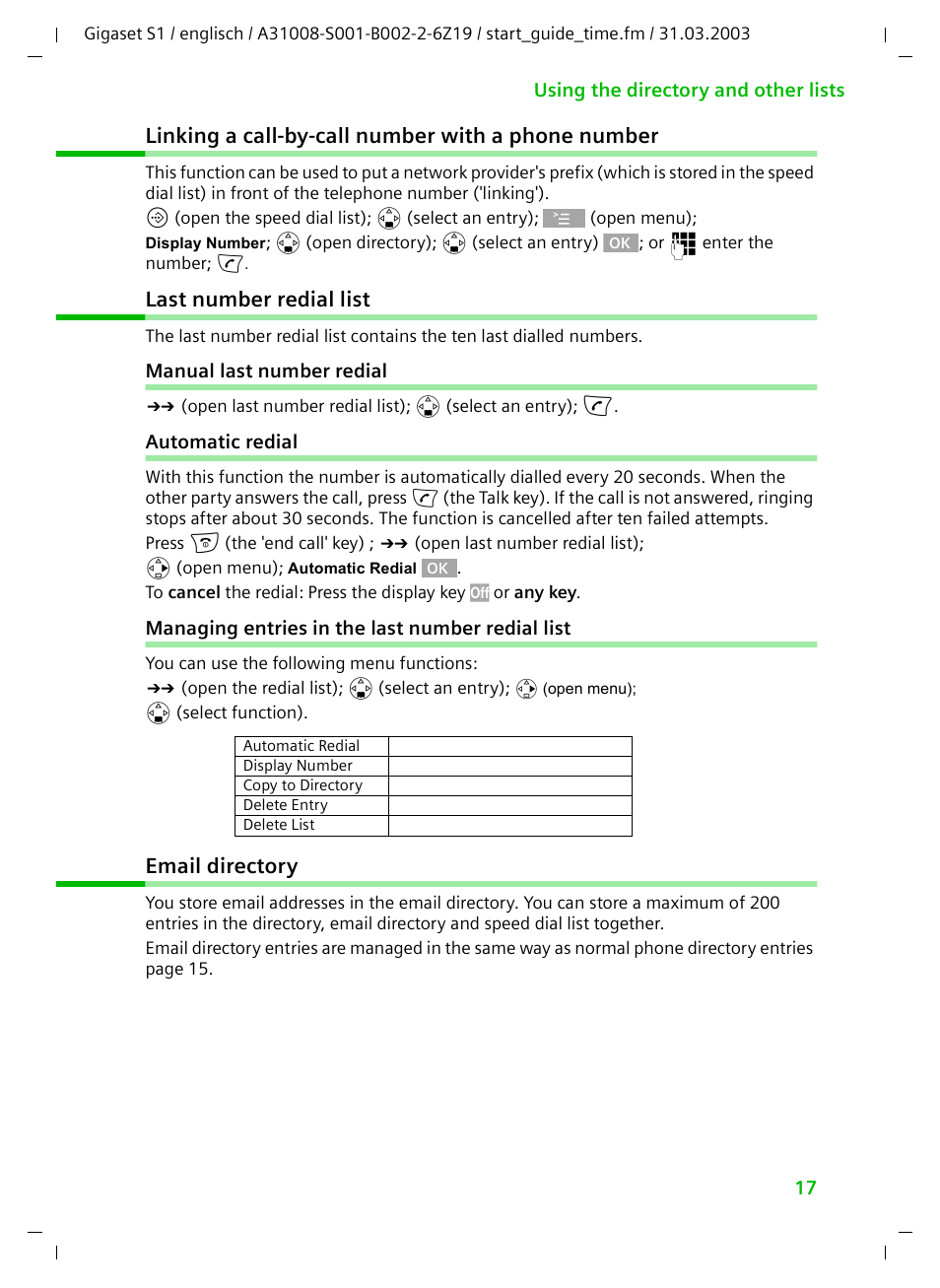 Linking a call-by-call number with a phone number, Last number redial list, Manual last number redial | Automatic redial, Managing entries in the last number redial list, Email directory | Siemens Gigaset S1 User Manual | Page 17 / 32