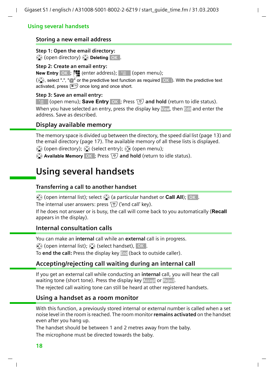 Storing a new email address, Display available memory, Using several handsets | Transferring a call to another handset, Internal consultation calls, Using a handset as a room monitor | Siemens Gigaset S1 User Manual | Page 18 / 32