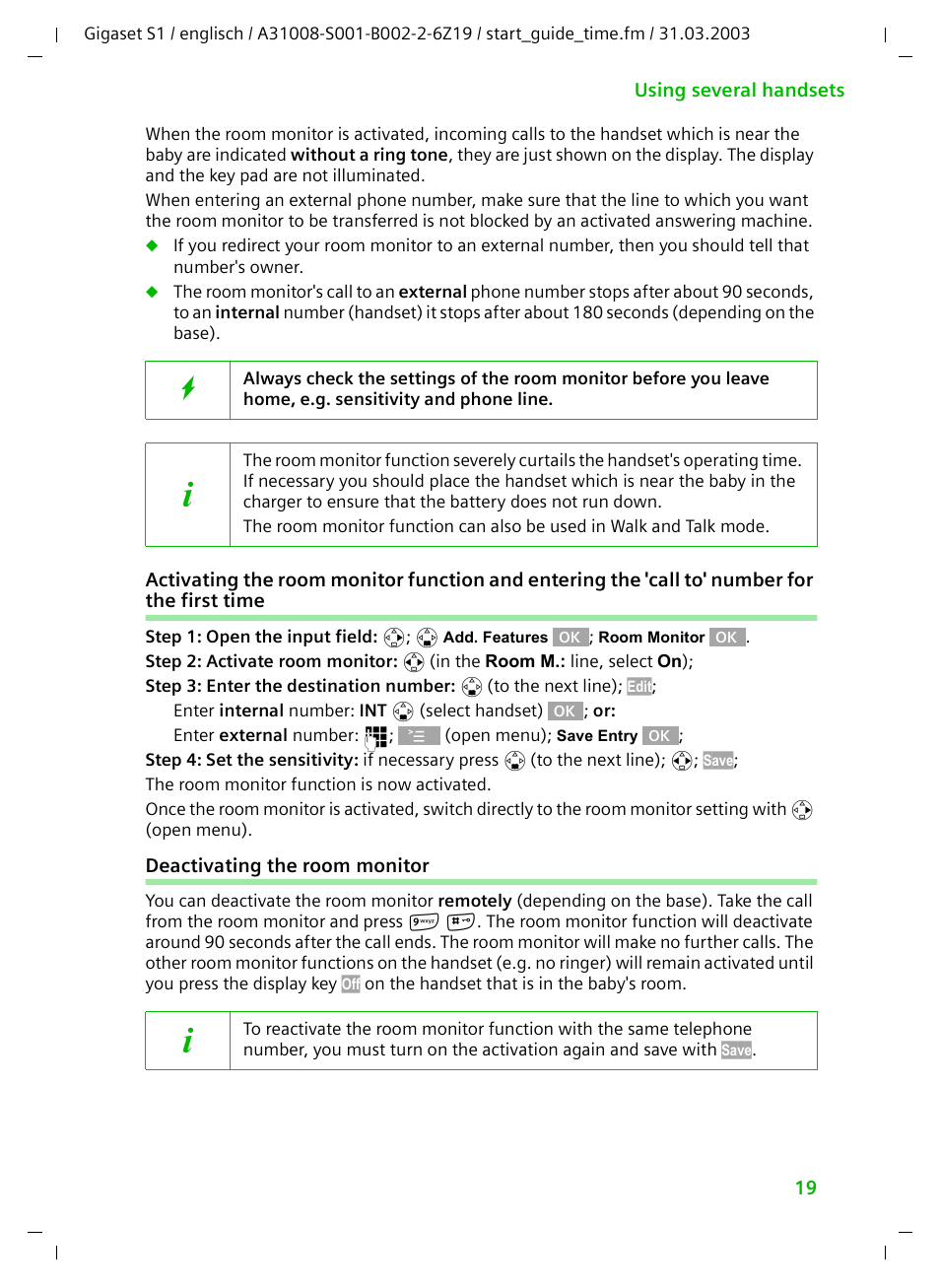 Deactivating the room monitor | Siemens Gigaset S1 User Manual | Page 19 / 32