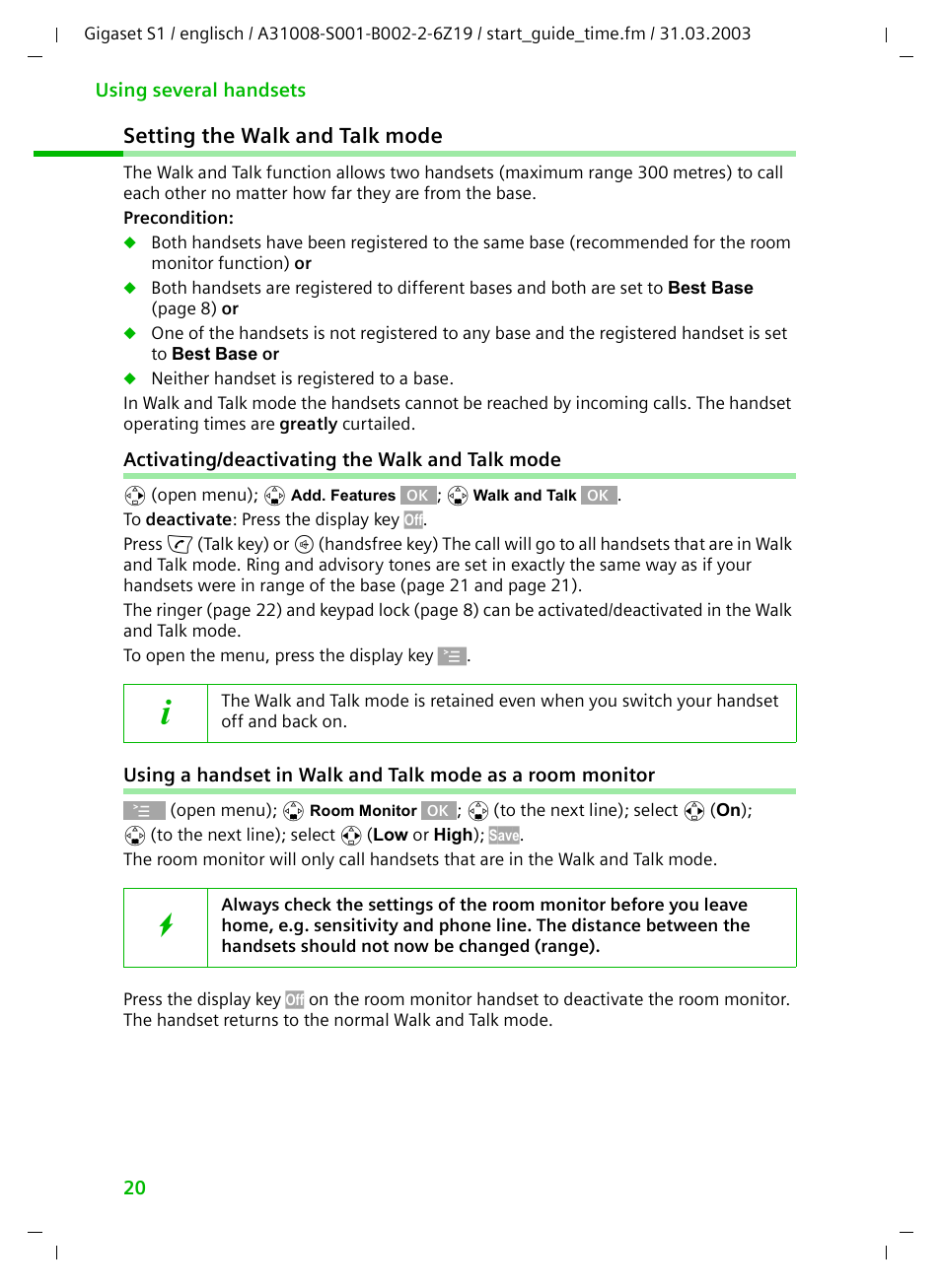 Setting the walk and talk mode, Activating/deactivating the walk and talk mode | Siemens Gigaset S1 User Manual | Page 20 / 32